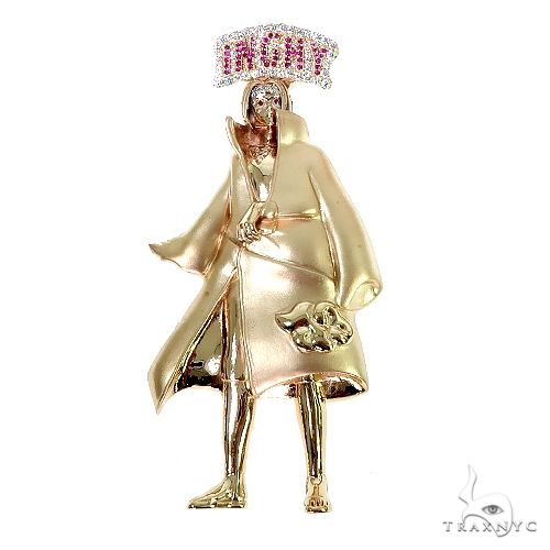 Custom 14k yellow gold Naruto Itachi character pendant with round-cut diamond setting, front view