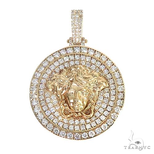 Custom Italian Medusa Head diamond round pendant in gold – front-facing sculptural relief view