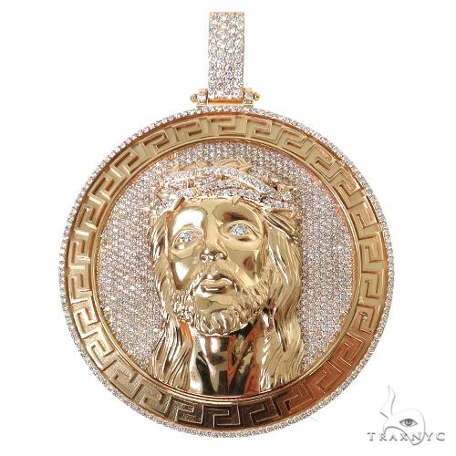 Large diamond Jesus face pendant with Greek border motif detail, front view