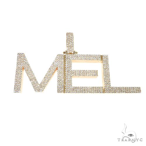 Custom diamond name pendant spelling MEL in 14k gold – front-facing view showing diamond-set letterforms