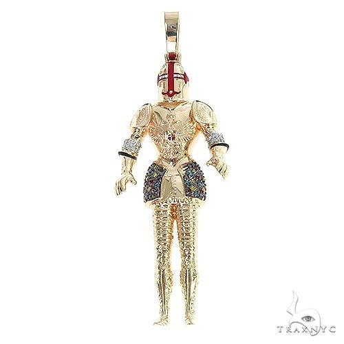 Custom medieval knight pendant in gold-tone metal – detailed armor character design, front view