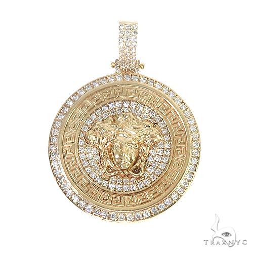 Custom diamond Medusa head pendant in yellow gold – round-cut diamonds set across face and border, front view