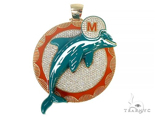 Custom Miami Dolphins diamond pendant in yellow gold – logo silhouette with diamond-set face, front view