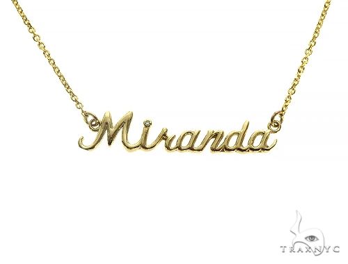 Custom gold name necklace spelling 'Miranda' in script lettering – front-facing product view