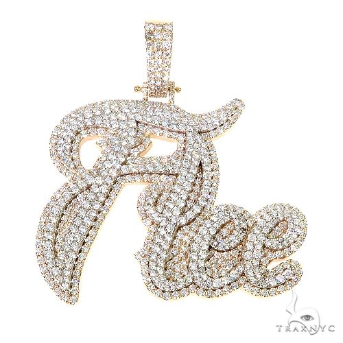Custom diamond name pendant with round-cut stones set in each letter, front view
