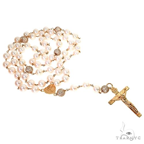 Custom pearl diamond rosary chain in 14k yellow gold – front view showing pearl links and diamond accents, 74.50g