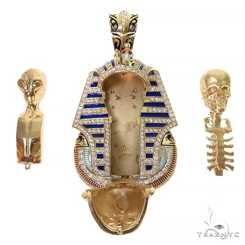Yellow gold pharaoh pendant with blue stones and interchangeable skull and alien body parts