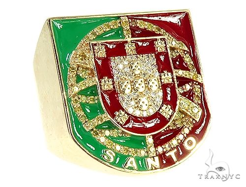 Yellow gold men's ring with Portugal flag emblem and sparkling stone accents
