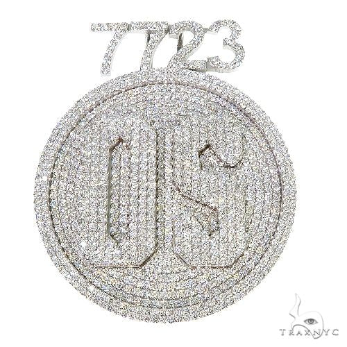 Custom diamond OS initial pendant in white metal, front-facing view showing round diamond pave letter setting