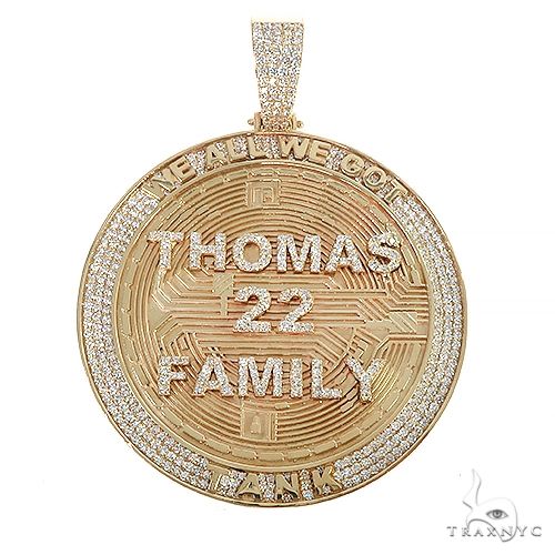 Custom round diamond pendant for men in gold – front view showing round diamond center stone
