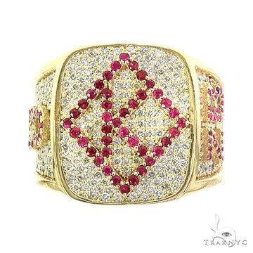 Yellow gold men's ring with diamond and ruby geometric design on top and sides.
