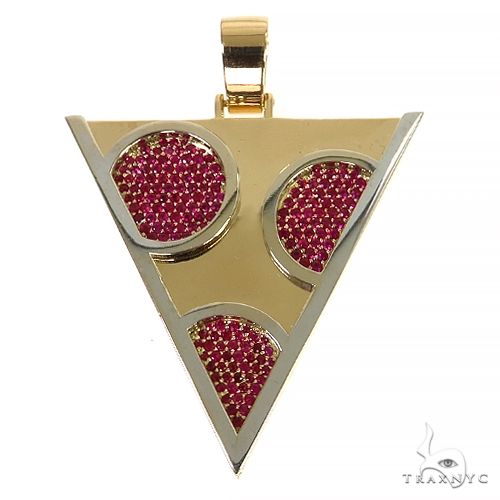 Custom pizza logo pendant in 18k two-tone gold with ruby accents — front-facing view