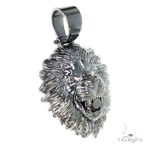 Silver black rhodium lion head pendant with detailed mane and open mouth design