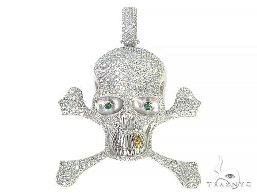 Custom diamond skull pendant in 14k gold — diamonds set in eye sockets and across the cranial surface, front-facing angle