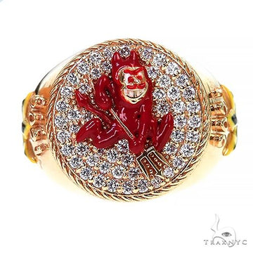 Yellow gold Sun Devil diamond ring with red enamel mascot and pavé diamond background.