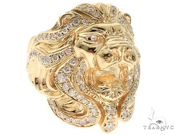 Custom mens 14K gold lion head ring with pavé diamond mane, top-down view