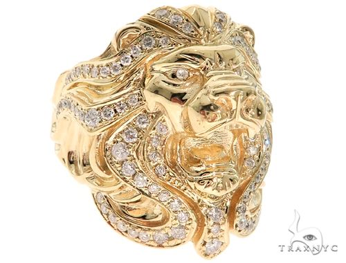 Custom mens 14K gold lion head ring with pavé diamond mane, top-down view