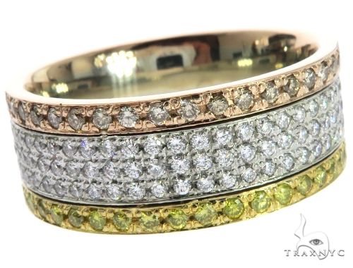 Tri-color diamond eternity band with yellow, white, and green diamonds in gold setting