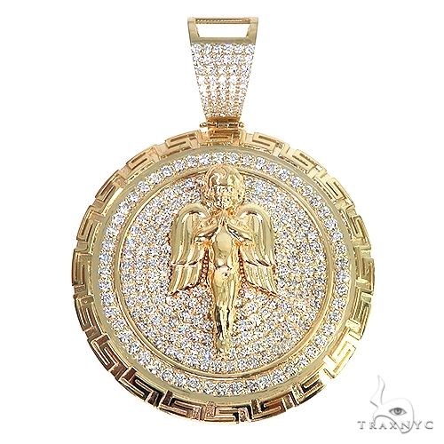 Custom diamond angel pendant in 10k yellow gold with Greek motif detailing, front-facing view