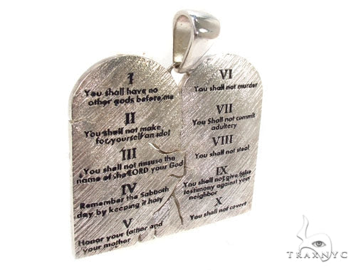 Silver Decalogue pendant with engraved Ten Commandments text and rectangular bail