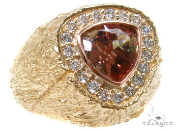 Yellow gold men's ring with triangular smoky quartz center and diamond halo.