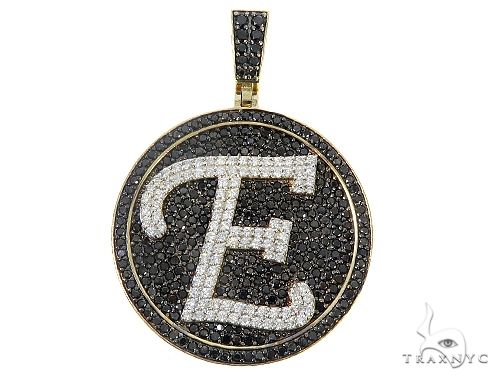 Custom E initial pendant in white gold with black and white diamond pave setting – front view