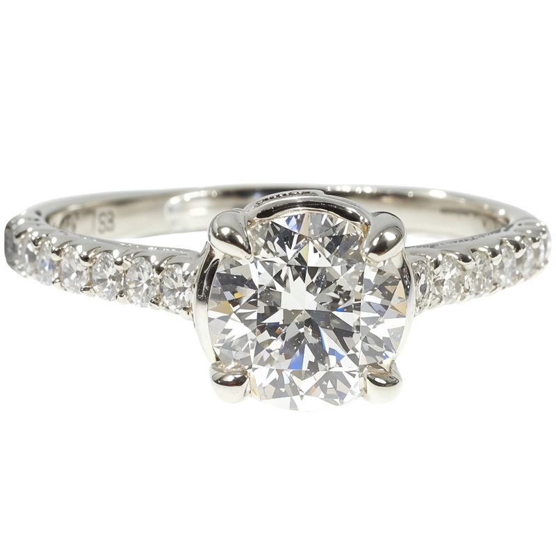 Custom diamond engagement ring with round center stone in yellow gold-tone setting – front-face angle