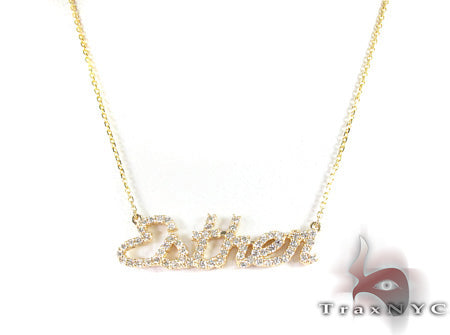 Custom diamond name necklace in 14k yellow gold with round-cut white diamonds spelling a name, front view
