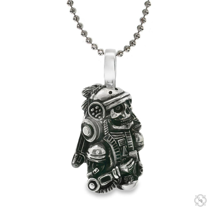 Silver men's pendant featuring an Aztec skull design with mechanical and cross elements on ball chain.