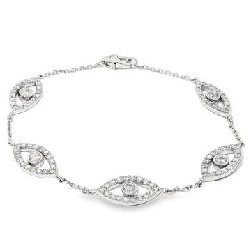 White gold evil eye bracelet with five diamond-accented eye charms and delicate chain links.
