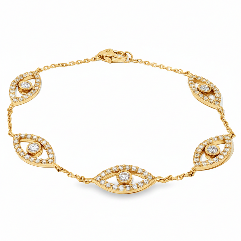 White gold evil eye bracelet with five diamond-accented eye charms and delicate chain links.