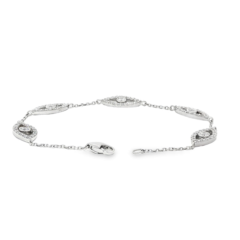 White gold evil eye bracelet with five diamond-accented eye charms and delicate chain links.