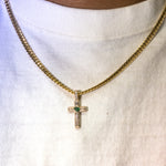 Diamond Pave Cross With Bezel Set Green Emerald Cabochon 71001