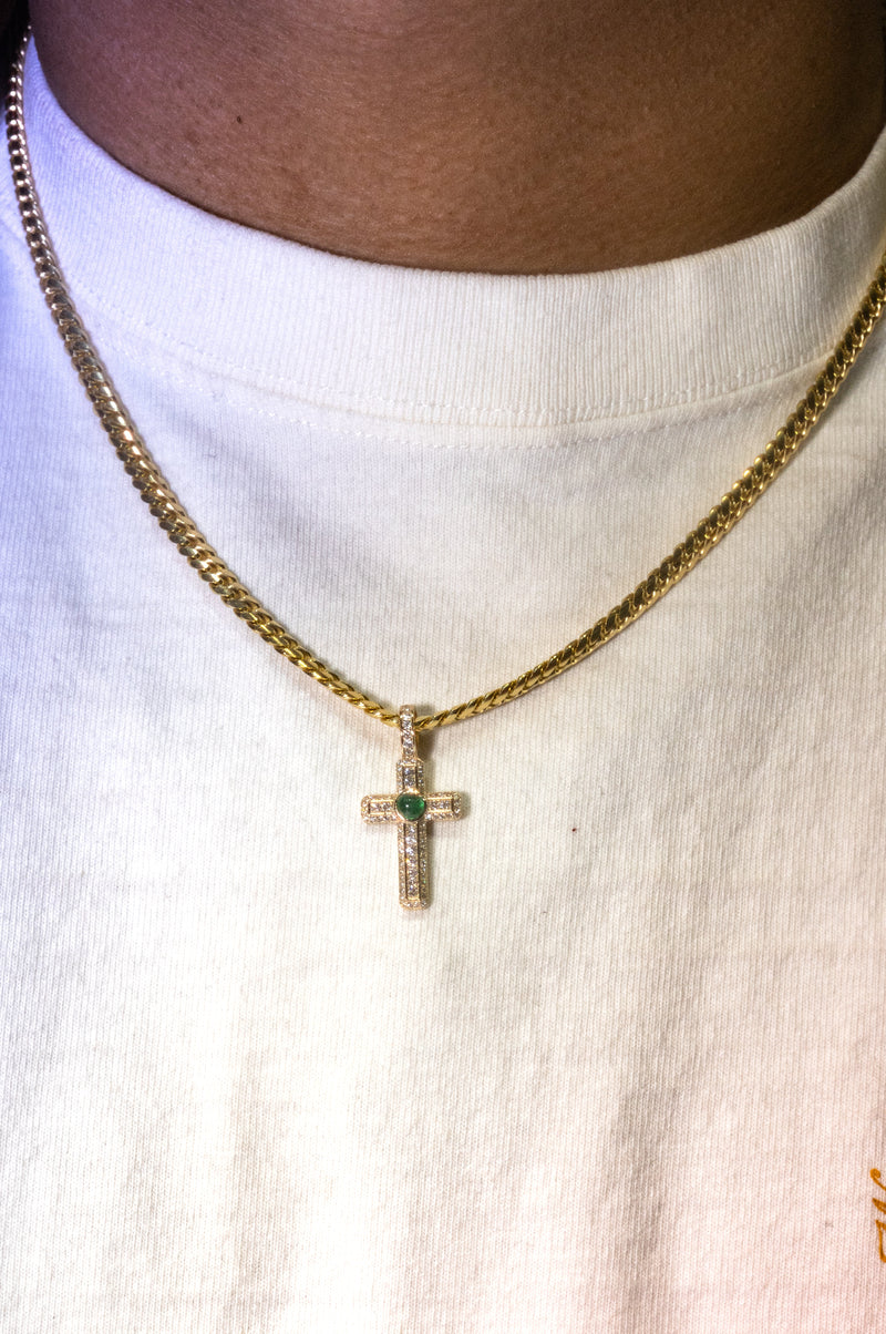 14K Gold Diamond Pave Cross With Bezel Set Green Emerald Cabochon, photo 6 of 9