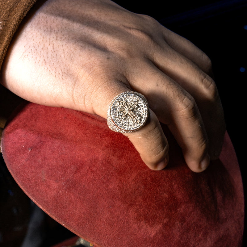 10K Gold Circular Cross Mens Ring Set With Lab Diamonds 70999