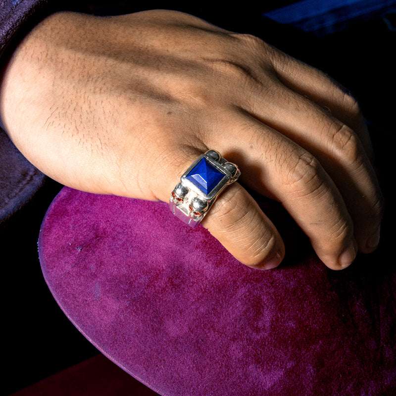 Blue Lapis Silver Ring With Skulls And Red Sapphire 71004