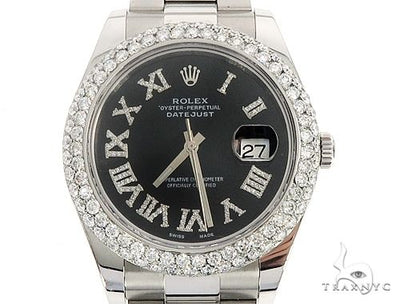 Datejust 41mm Roman Numeral Black Dial Diamond Bezel Stainless Steel Mens Watch 64985 - Image 1
