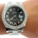 Datejust 41mm Roman Numeral Black Dial Diamond Bezel Stainless Steel Mens Watch 64985 - Image 12