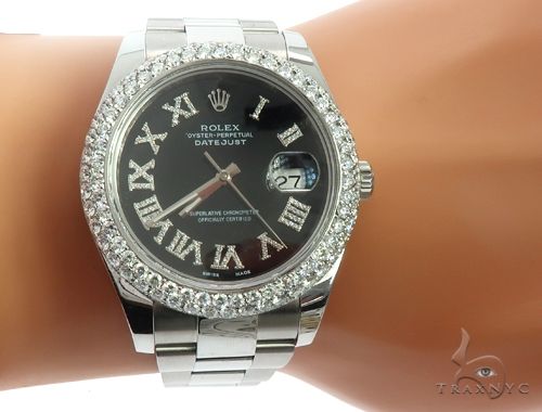 Datejust 41mm Roman Numeral Black Dial Diamond Bezel Stainless Steel Mens Watch 64985 - Image 12