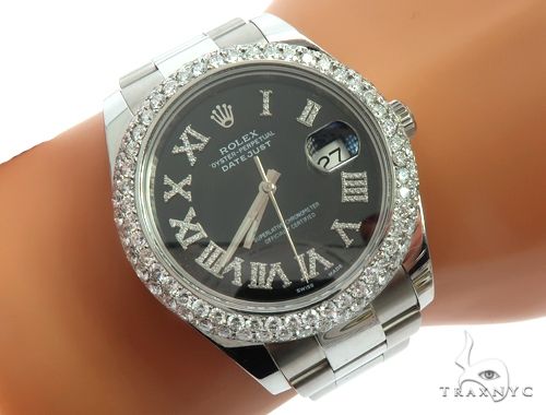 Datejust 41mm Roman Numeral Black Dial Diamond Bezel Stainless Steel Mens Watch 64985 - Image 13