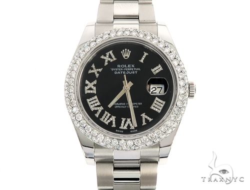 Datejust 41mm Roman Numeral Black Dial Diamond Bezel Stainless Steel Mens Watch 64985 - Image 2