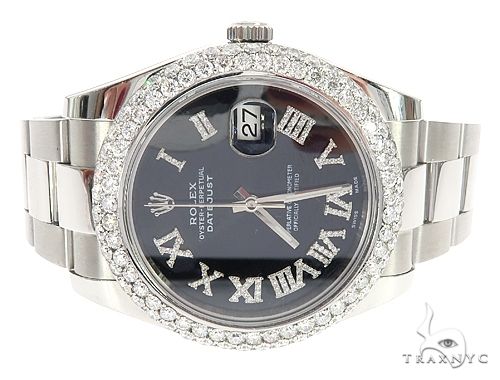 Datejust 41mm Roman Numeral Black Dial Diamond Bezel Stainless Steel Mens Watch 64985 - Image 3
