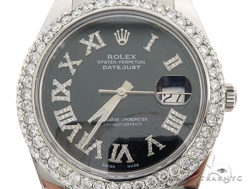 Datejust 41mm Roman Numeral Black Dial Diamond Bezel Stainless Steel Mens Watch 64985 - Image 4