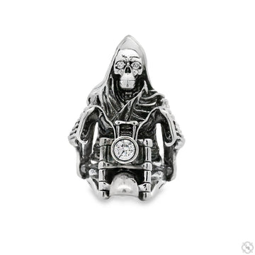 Silver men's ring featuring a detailed skull rider on a motorcycle design.