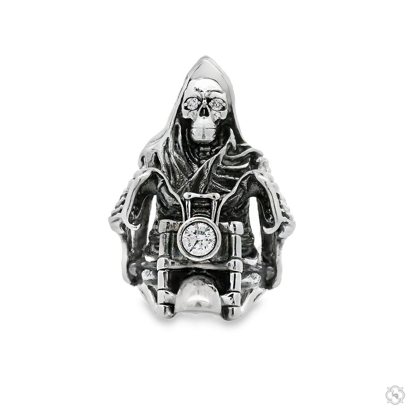 Silver men's ring featuring a detailed skull rider on a motorcycle design