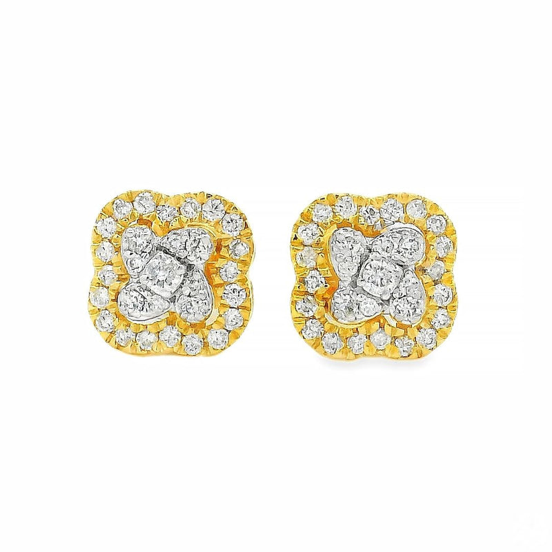 Yellow gold clover-shaped diamond cluster stud earrings with white diamond accents