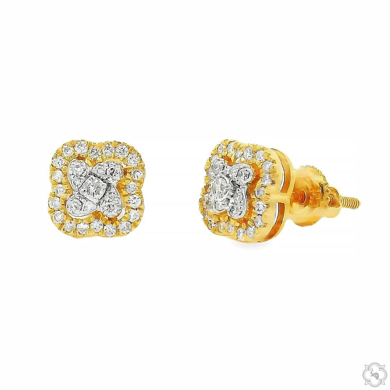 Yellow gold clover-shaped diamond cluster stud earrings with white diamond accents