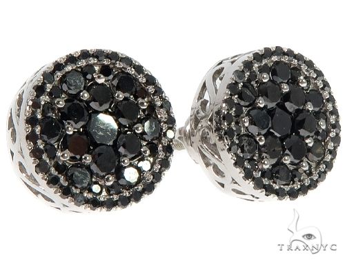 Round white gold stud earrings with clustered black diamonds men's style