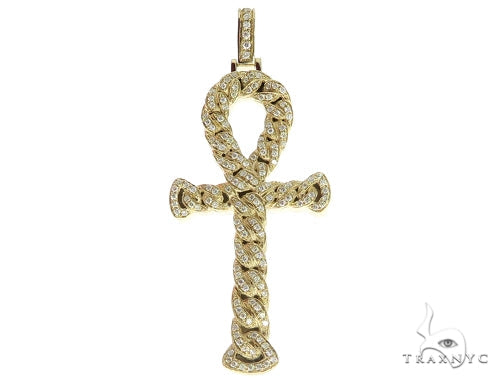 14K yellow gold ankh pendant with diamonds in twisted design and diamond-studded bail