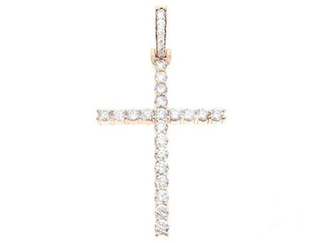 14K rose gold cross pendant with prong-set round diamonds for men and women.